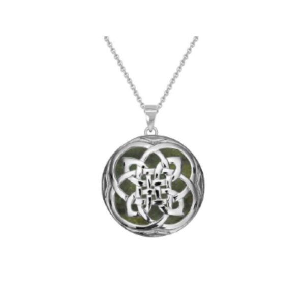 Natural gemstone Connemara Marble, hand crafted in Ireland with the iconic Celtic knot symbol. Presented on an 18" chain and gift boxed.