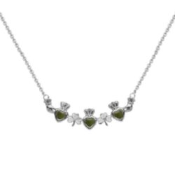 This claddagh necklace is hand crafted with Irish sterling silver and beautifully cut Connemara Marble hearts. View our Claddagh range on our website.