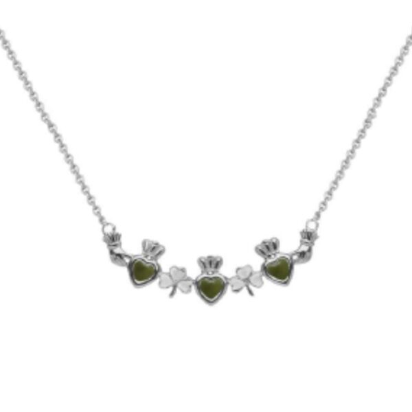 This claddagh necklace is hand crafted with Irish sterling silver and beautifully cut Connemara Marble hearts. View our Claddagh range on our website.