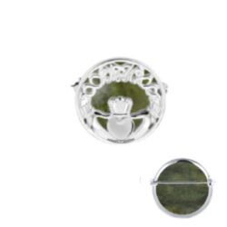 Silver Claddagh Connemara Marble brooch. The iconic hands, heart and crown on this design represent Friendship, Love and Loyalty.