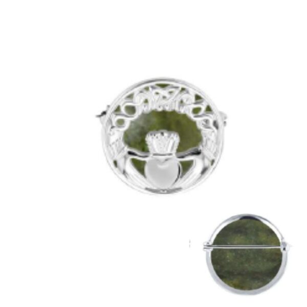 Silver Claddagh Connemara Marble brooch. The iconic hands, heart and crown on this design represent Friendship, Love and Loyalty.