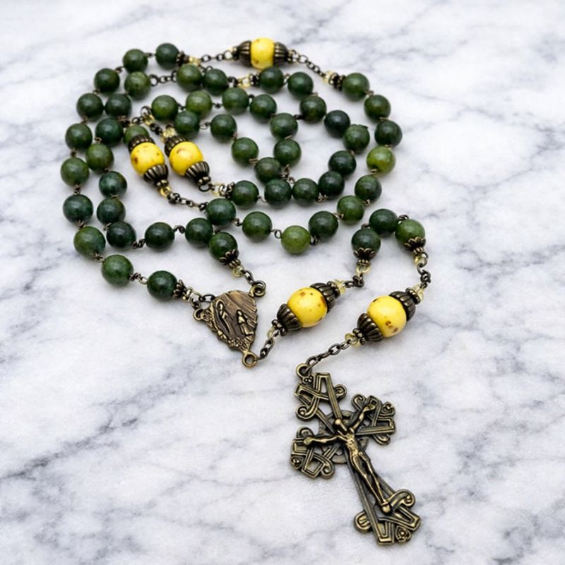 Our Lady Irish rosary beads are hand crafted in Ireland using the finest Connemara Marble. Combining natural beauty with spiritual strength.