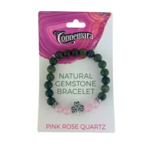 Pink rose quartz gemstone bracelet with natural Connemara Marble gemstone found only here in Ireland. Each piece is totally unique. Hand crafted in Ireland