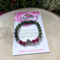 Pink Tiger's Eye gemstone bracelet with natural Connemara Marble gemstone found only here in Ireland. Each piece is totally unique. Hand crafted in Ireland.