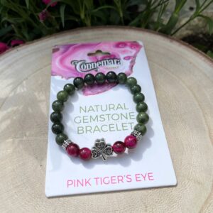 Pink Tiger's Eye gemstone bracelet with natural Connemara Marble gemstone found only here in Ireland. Each piece is totally unique. Hand crafted in Ireland.