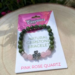 Pink rose quartz gemstone bracelet with natural Connemara Marble gemstone found only here in Ireland. Each piece is totally unique. Hand crafted in Ireland.