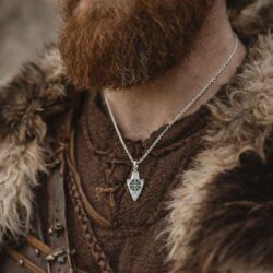 Viking rune silver arrowhead pendant hand crafted in Ireland with green Connemara Marble gemstone. Norse strength and endurance, unisex piece.