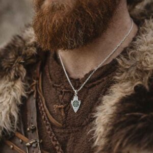 Viking rune silver arrowhead pendant hand crafted in Ireland with green Connemara Marble gemstone. Norse strength and endurance, unisex piece.