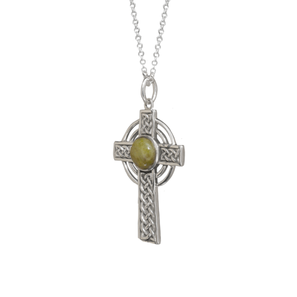 Connemara Marble Silver Celtic Cross pendant hand crafted in Ireland with our authentic natural gemstone and hallmarked Irish silver. 18" Chain included.