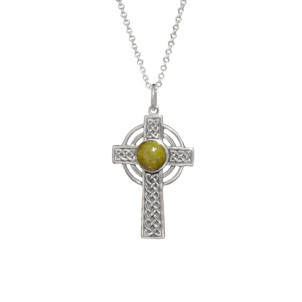 Connemara Marble Silver Celtic Cross pendant hand crafted in Ireland with our authentic natural gemstone and hallmarked Irish silver. 18" Chain included.