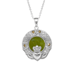 Sterling silver with Marcasite gemstone Irish Claddagh pendant. Hand crafted in Ireland with genuine, green Connemara Marble and hallmarked silver.