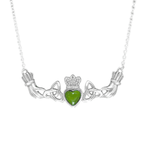 Our Claddagh necklace is hand crafted in Ireland with Irish sterling silver and a beautifully cut Connemara Marble heart. Love, loyalty and friendship.