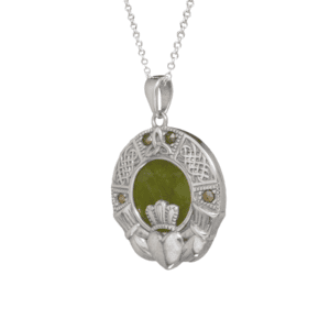 Sterling silver with Marcasite gemstone Irish Claddagh pendant. Hand crafted in Ireland with genuine, green Connemara Marble and hallmarked silver.