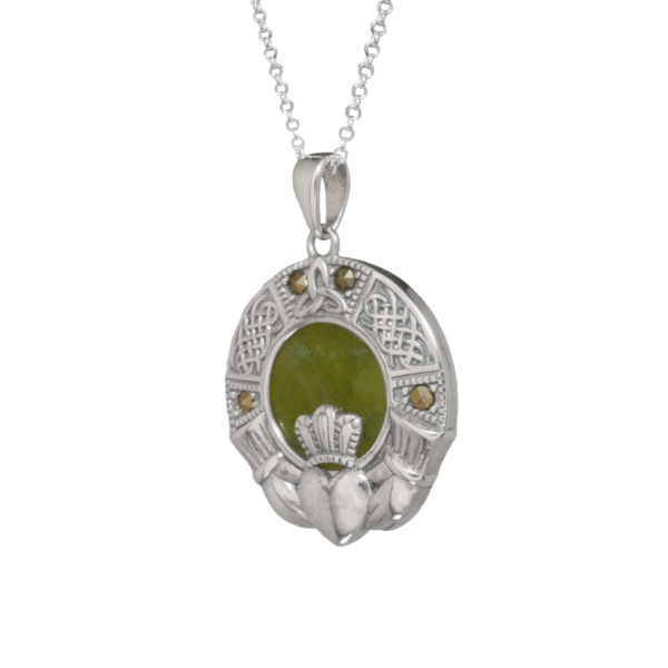Sterling silver with Marcasite gemstone Irish Claddagh pendant. Hand crafted in Ireland with genuine, green Connemara Marble and hallmarked silver.