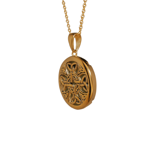 18k gold over sterling silver Trinity Cross pendant. Hand crafted in Ireland using the finest Connemara Marble gemstone with 18" gold chain.