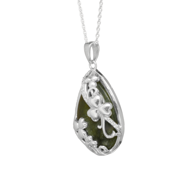 Silver Shamrock pendant featuring a teardrop of authentic, green Connemara marble. Hand crafted in Ireland for our 80th anniversary celebration.