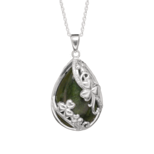 Silver Shamrock pendant featuring a teardrop of authentic, green Connemara marble. Hand crafted in Ireland for our 80th anniversary celebration.