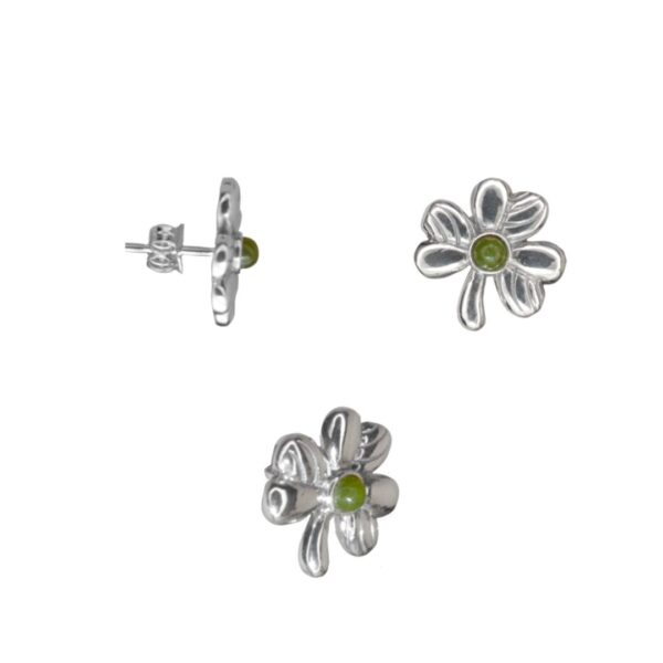 Silver shamrock stud earrings with a center of our natural green gemstone Connemara Marble. Handcrafted in Ireland, presented gift boxed.