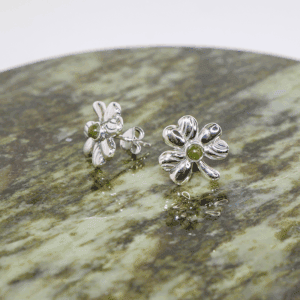 Silver shamrock stud earrings with a center of our natural green gemstone Connemara Marble. Handcrafted in Ireland, presented gift boxed.