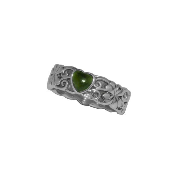 Claddagh Heart silver ring with green Connemara Marble natural gemstone. Hand crafted in Ireland, presented gift boxed and with Certificate of Authenticity.