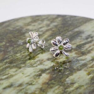 Shamrock stud silver earrings with a center of our natural green gemstone Connemara Marble. Handcrafted in Ireland, presented gift boxed.