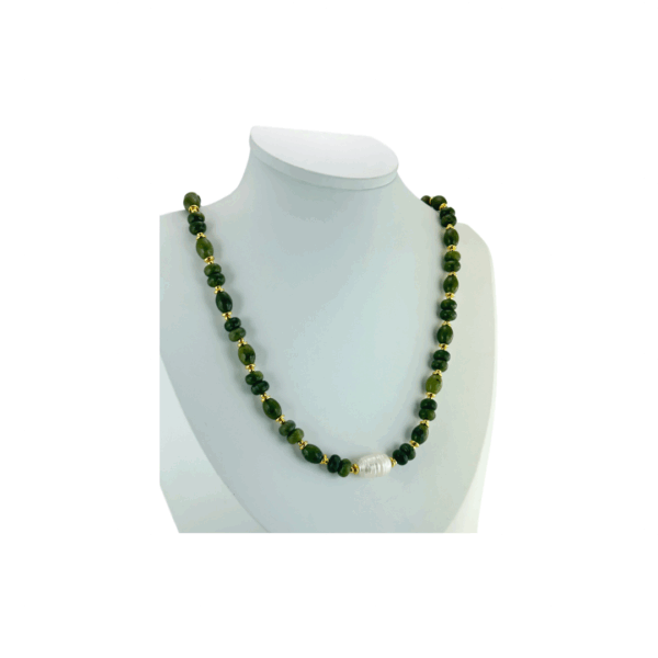 Inspired by the beach at Galway Bay on a summer evening. Our green, Connemara Marble gemstone necklace with pearl center. Special Event piece.