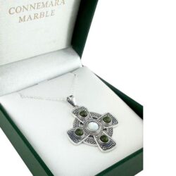 Connemara Marble Silver Celtic Cross pendant hand crafted in Ireland with our authentic natural gemstone and hallmarked Irish silver. 18
