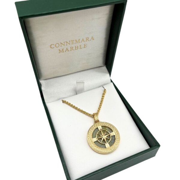 Find your way with our Connemara Marble compass gold pendant. Handcrafted in Ireland with genuine Connemara Marble and gift boxed.