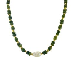 Inspired by the beach at Galway Bay on a summer evening. Our green, Connemara Marble gemstone necklace with pearl center. Special Event piece.