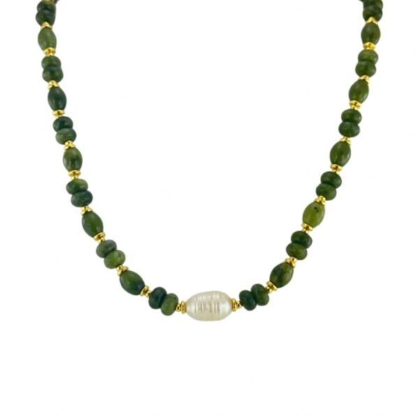 Inspired by the beach at Galway Bay on a summer evening. Our green, Connemara Marble gemstone necklace with pearl center. Special Event piece.