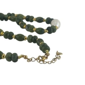 Inspired by the beach at Galway Bay on a summer evening. Our green, Connemara Marble gemstone necklace with pearl center. Special Event piece.