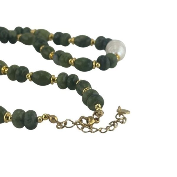 Inspired by the beach at Galway Bay on a summer evening. Our green, Connemara Marble gemstone necklace with pearl center. Special Event piece.