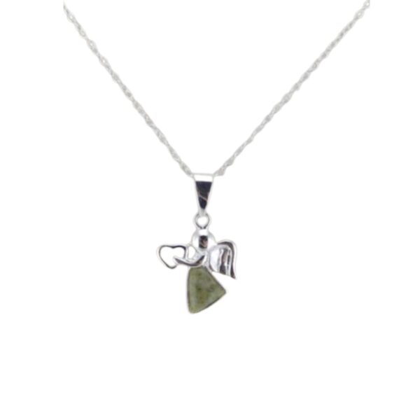 Irish angel set with green Connemara Marble and sterling silver. Protection, peace, and guidance. Presented on an 18" chain and gift boxed.