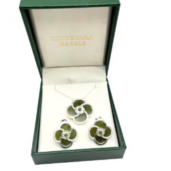 Irish Clover Silver Connemara Marble Jewelry Set. Hand crafted in Ireland with hallmarked silver and genuine Connemara Marble gemstone. Special Event Piece.