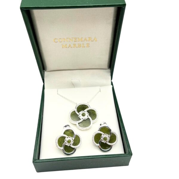 Irish Clover Silver Connemara Marble Jewelry Set. Hand crafted in Ireland with hallmarked silver and genuine Connemara Marble gemstone. Special Event Piece.