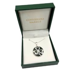 Connemara Marble sterling silver Shamrock necklace. Hand crafted in Ireland and presented on an 18