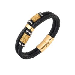 Inspired by the Vikings of Ireland, this viking dual braid black leather bracelet features a bold gold tone over stainless steel clasp. Crafted for strength and style.