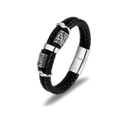 Inspired by Viking history in Ireland, this double band black leather bracelet features a stainless steel Triquetra symbol. Representing Norse-Celtic heritage.