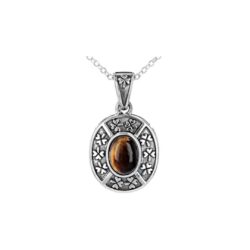 Silver Tiger's Eye pendant from Ireland with oxidized shamrock motif silver work. Handcrafted in Ireland and hallmarked for quality. Presented gift boxed.