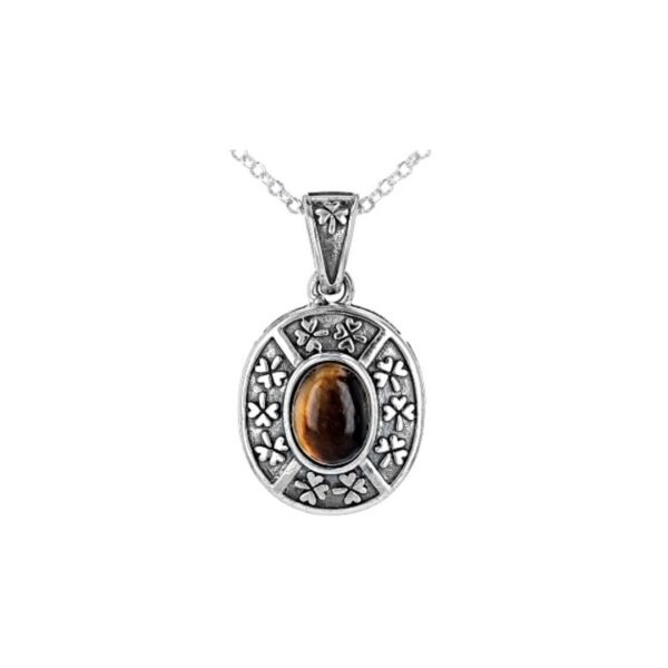 Silver Tiger's Eye pendant from Ireland with oxidized shamrock motif silver work. Handcrafted in Ireland and hallmarked for quality. Presented gift boxed.