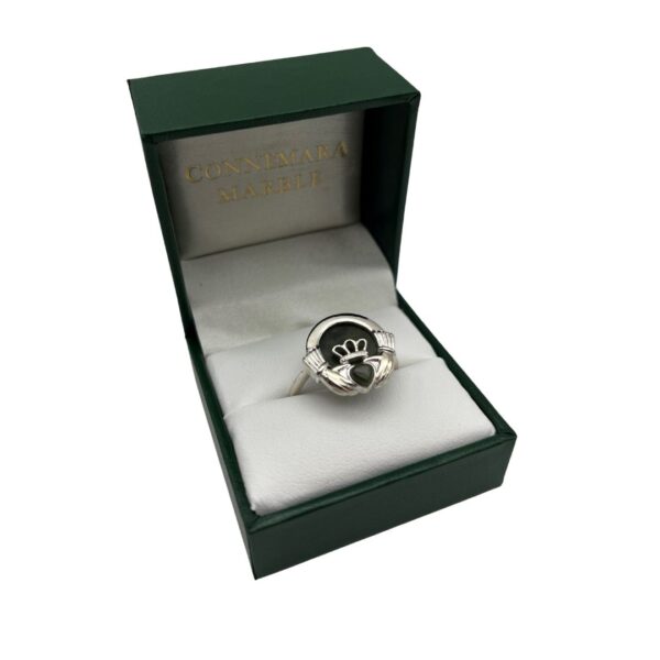 Claddagh silver Connemara Marble ring. The heart for love, the hands for friendship and the crown for loyalty. Hand crafted in Ireland.