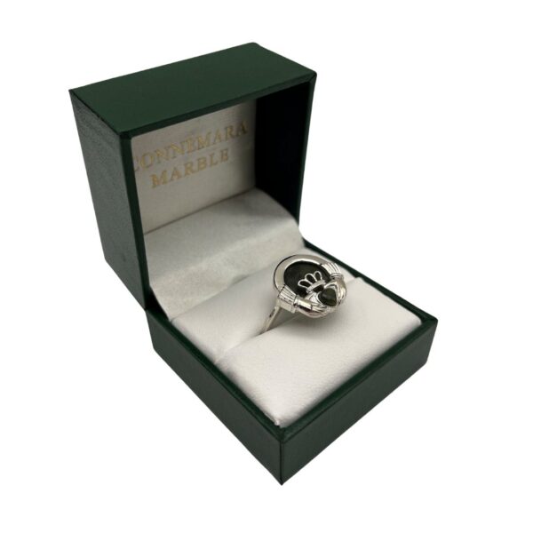 Claddagh silver Connemara Marble ring. The heart for love, the hands for friendship and the crown for loyalty. Hand crafted in Ireland.