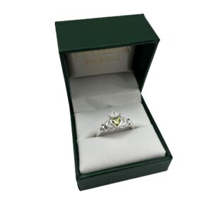 Green Amethyst Silver Claddagh Ring. Handcrafted in Ireland. Special Event Piece. Hallmarked and presented in a hinged gift box.