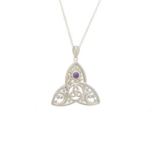 Trinity Knot Amethyst Sterling Silver Pendant. Hallmarked sterling silver, presented on and 18" chain. Displayed in green gift box.