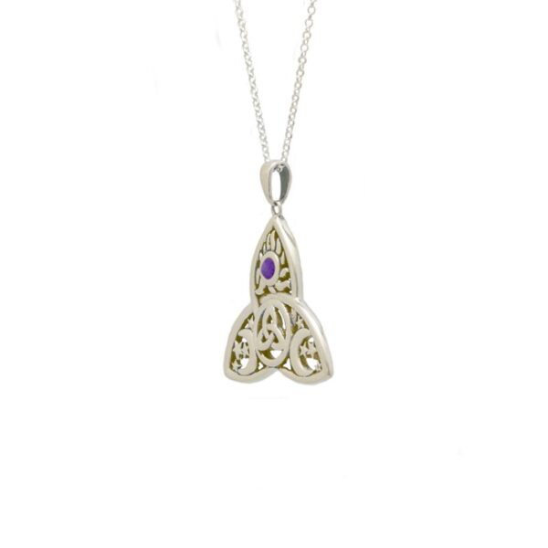 Trinity Knot Amethyst Sterling Silver Pendant. Hallmarked sterling silver, presented on and 18" chain. Displayed in green gift box.