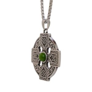 Celtic Cross pendant in stainless steel with authentic Connemara marble found only in Ireland. Viking heritage, durable chain, gift pouch included.