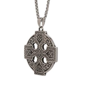 Celtic Cross pendant in stainless steel with authentic Connemara marble found only in Ireland. Viking heritage, durable chain, gift pouch included.
