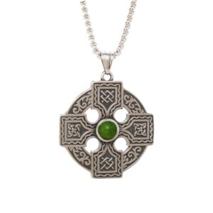 Celtic Cross pendant in stainless steel with authentic Connemara marble found only in Ireland. Viking heritage, durable chain, gift pouch included.