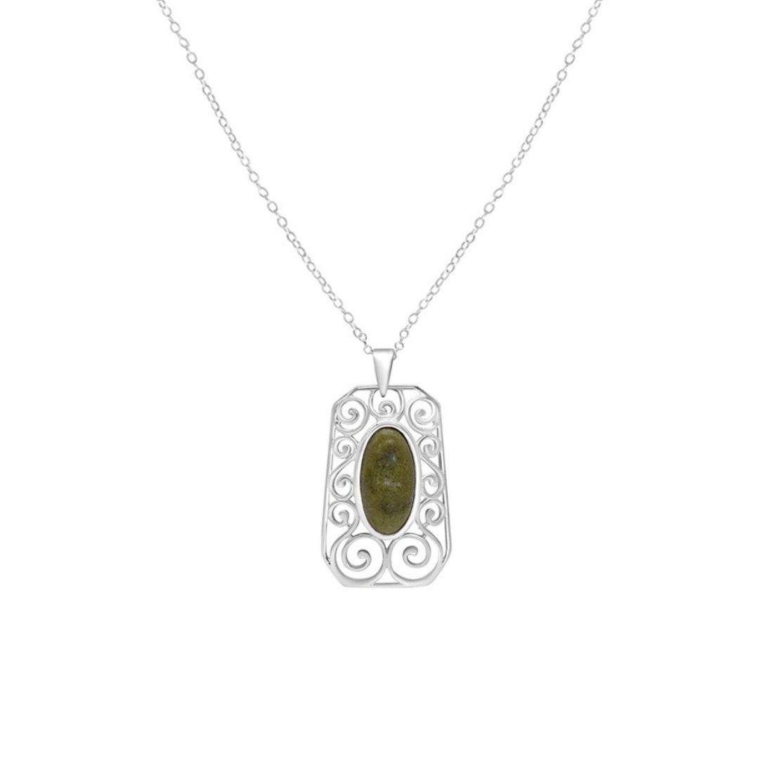Elegant Connemara Marble Celtic Swirl Pendant in hallmarked sterling silver. Gift boxed with 18" chain & certificate of authenticity. Irish made.