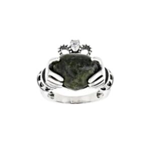 Claddagh ring hand crafted in Ireland with genuine Connemara Marble topped with a white topaz gemstone and set within hallmarked sterling silver.
